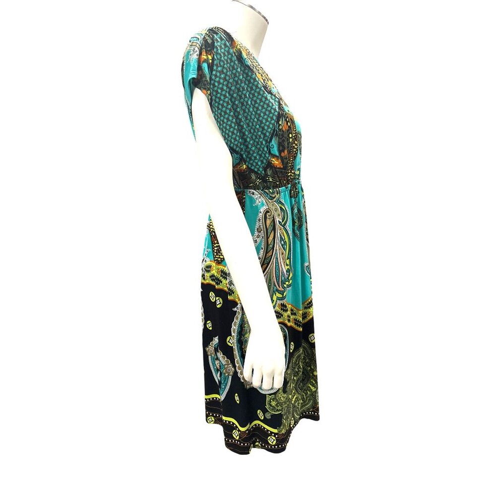 5th Love Large Turquoise Lime Green Black Printed Boho Dress Summer Vacation - Picture 6 of 13